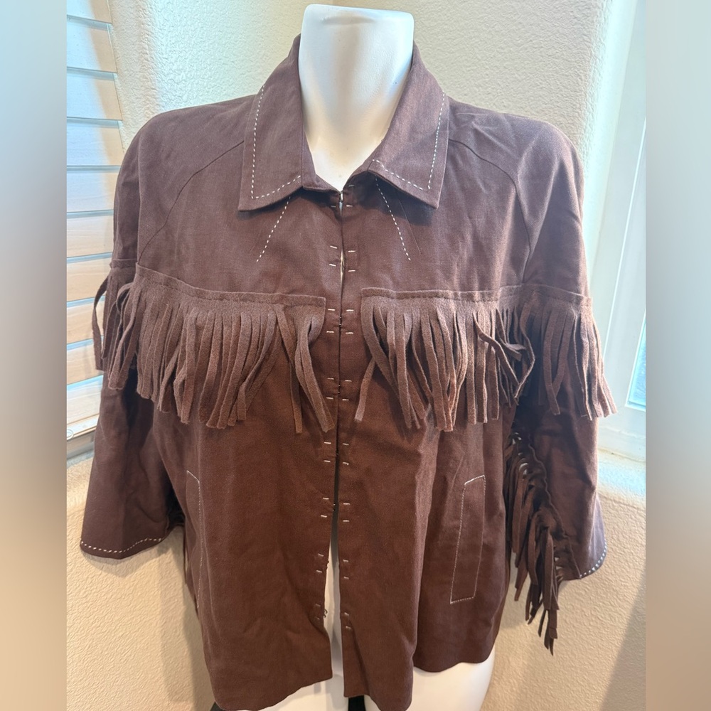 Cold water creek Brown linen blend Fringe Jacket